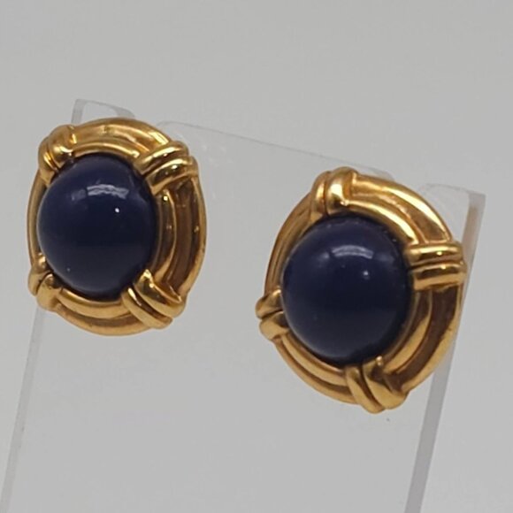Vintage White Stag Blue Cabochon Nautical Pierced Earrings Gold Tone Studs - Picture 4 of 8